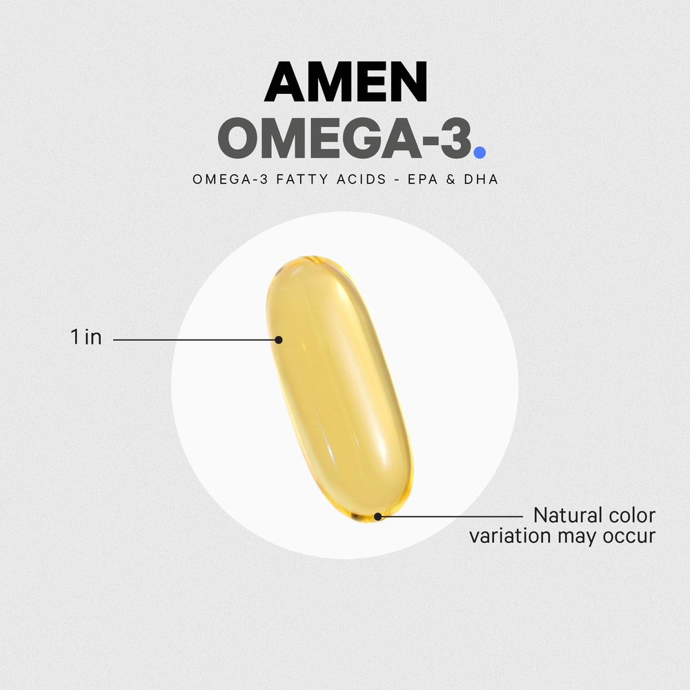 Amen Omega-3 supplement facts label with clear usage information.