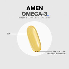 Amen Omega-3 supplement facts label with clear usage information.