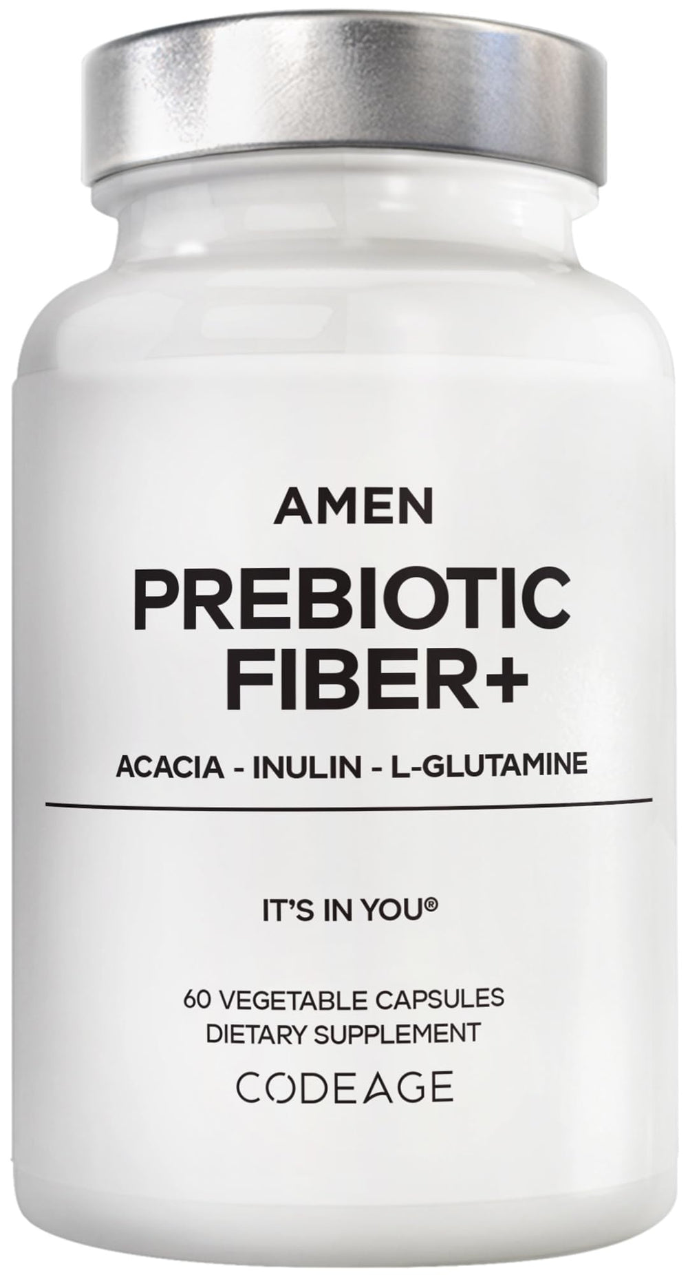 Amen Prebiotic Fiber bottle front showing capsule format for daily fiber support.