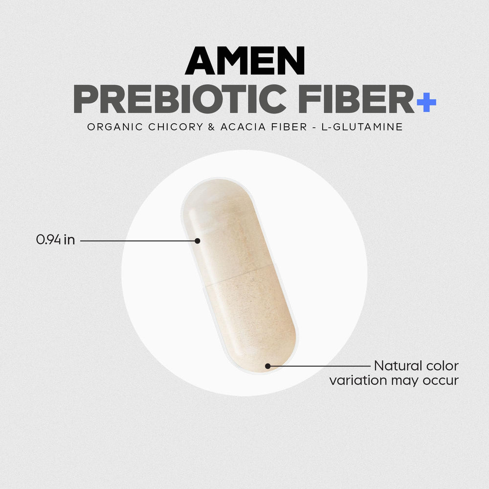Amen Prebiotic Fiber bottle and capsules on clean countertop.