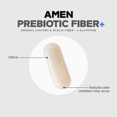 Amen Prebiotic Fiber bottle and capsules on clean countertop.