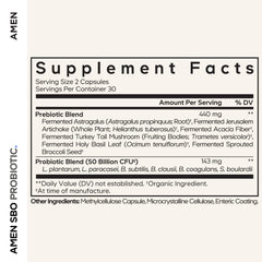 Amen SBO Probiotic capsules close-up showing six strains for gut diversity.