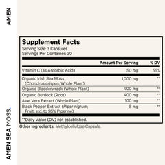 Amen Sea Moss capsules pack indicating plant-based, non-GMO formulation