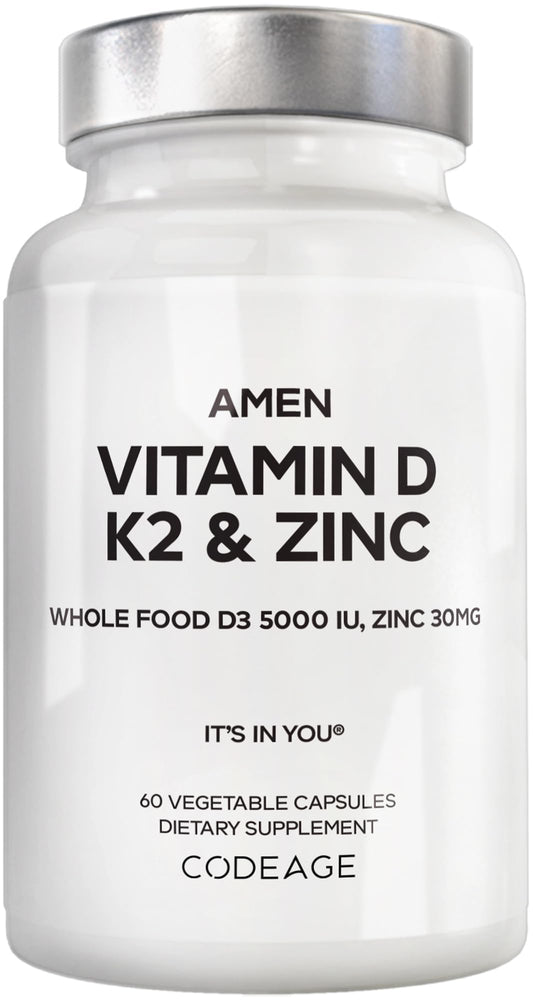 Amen Vitamin D3 K2 Zinc bottle label highlighting vegan D3 source for daily support.
