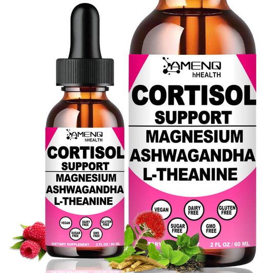 AMENQ hHEALTH cortisol drops bottle front with raspberry flavor for relaxation support