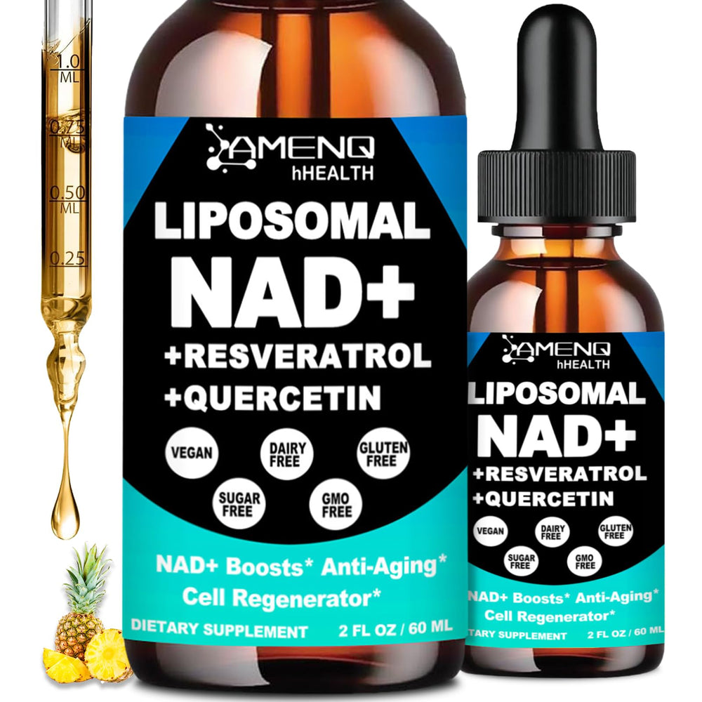 AMENQ hHEALTH NAD liquid bottle showcasing liposomal delivery for potential absorption.