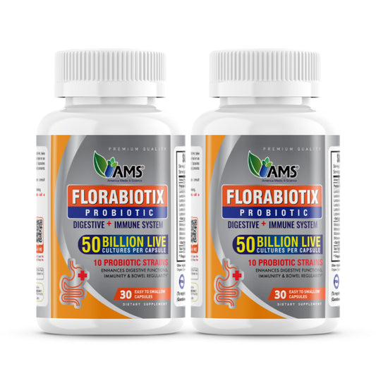 America Medic and Science Florabiotix probiotic bottle front supports digestive balance.