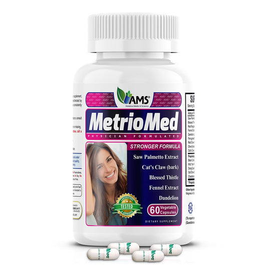 America Medic & Science MetrioMed bottle with capsules supporting hormonal balance.