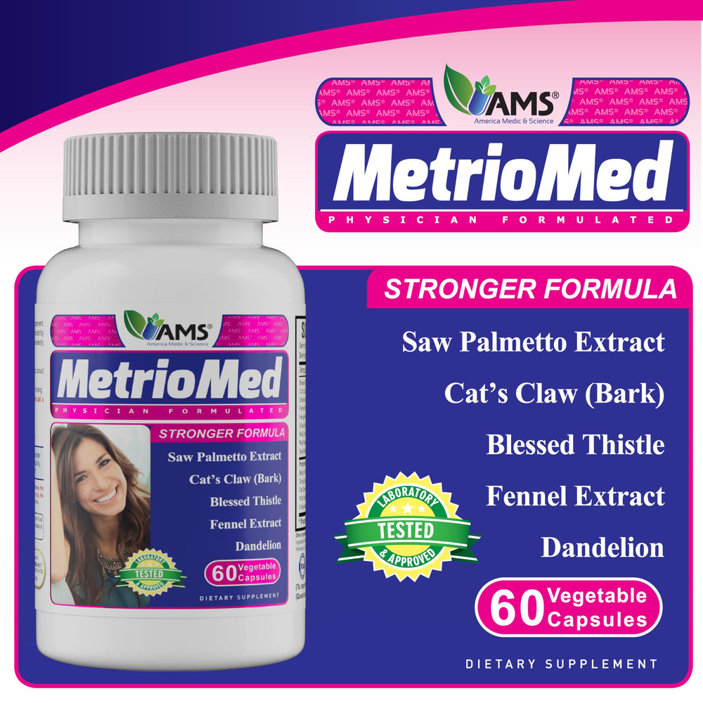 America Medic & Science MetrioMed capsule close-up showing supplement texture.