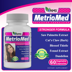 America Medic & Science MetrioMed capsule close-up showing supplement texture.