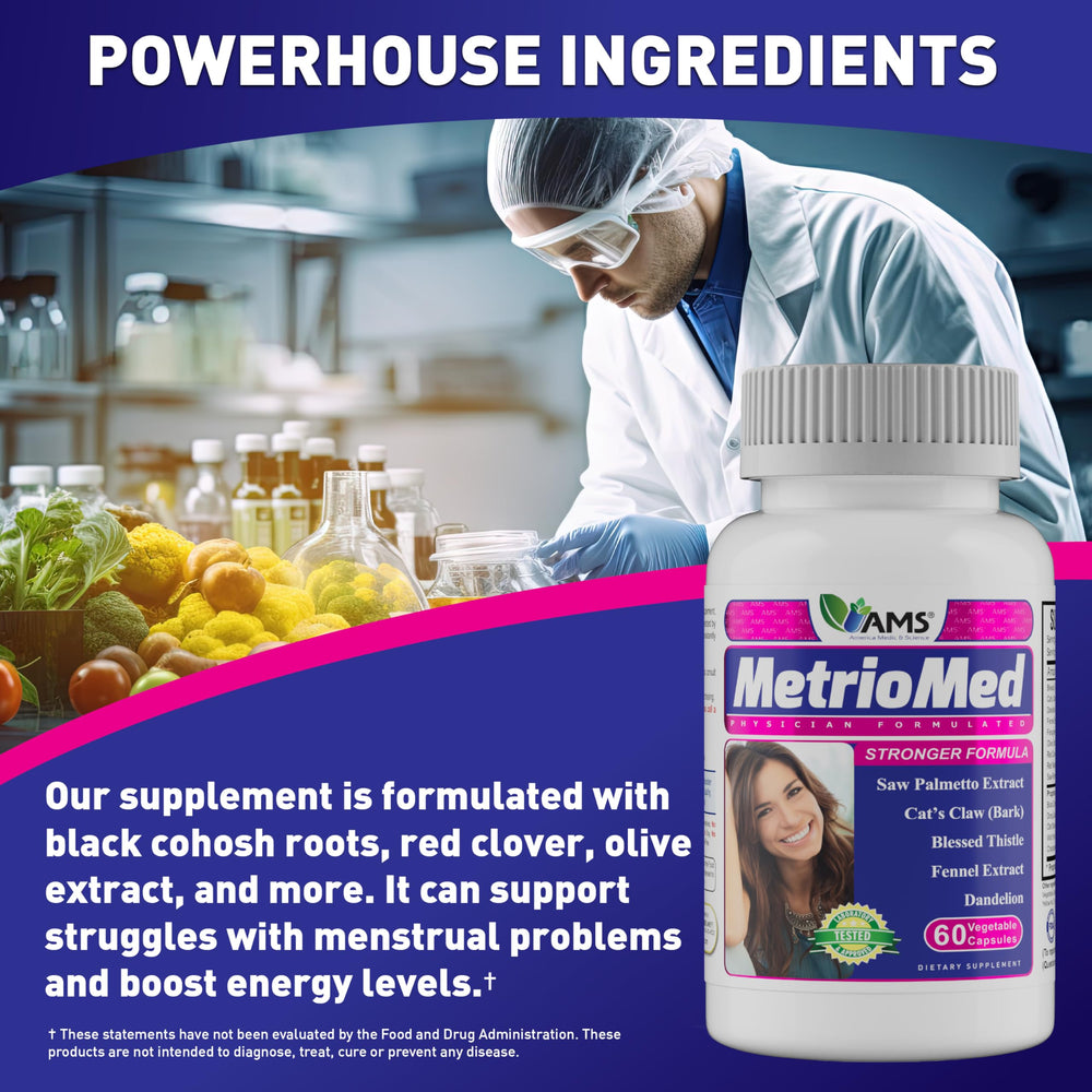 America Medic & Science MetrioMed packaging highlighting menstrual wellness and energy support.