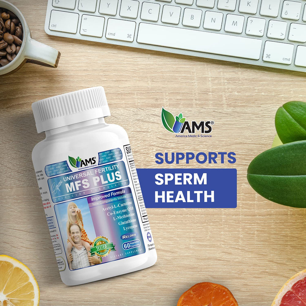 America Medic & Science MFS Plus label close-up highlighting zinc and CoQ10 for reproductive support