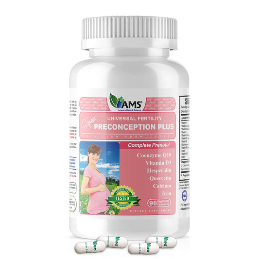 America Medic & Science Preconception Plus bottle front highlights reliable prenatal support.