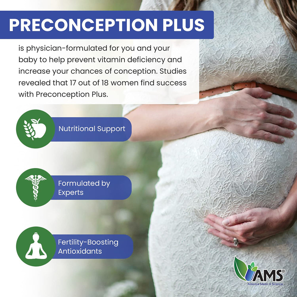 America Medic & Science Preconception Plus dosage scene suggests a simple daily routine.