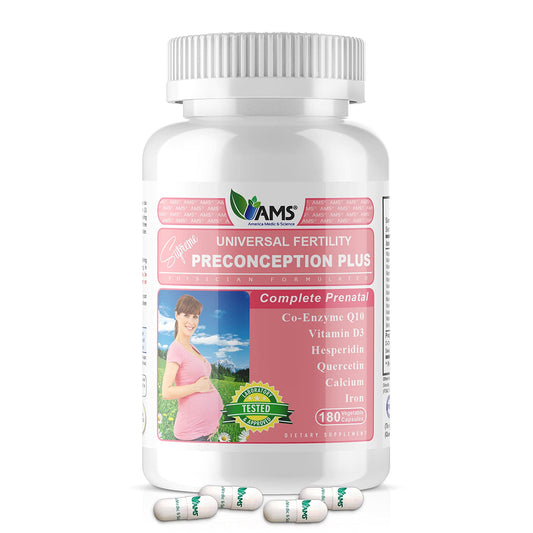 America Medic and Science Preconception Plus bottle with capsules for daily prenatal support