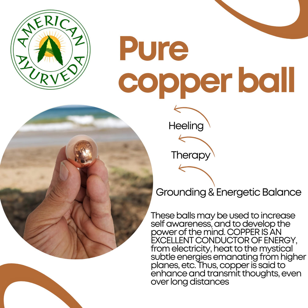 American Ayurveda copper orb grounding energy during mindful breathing