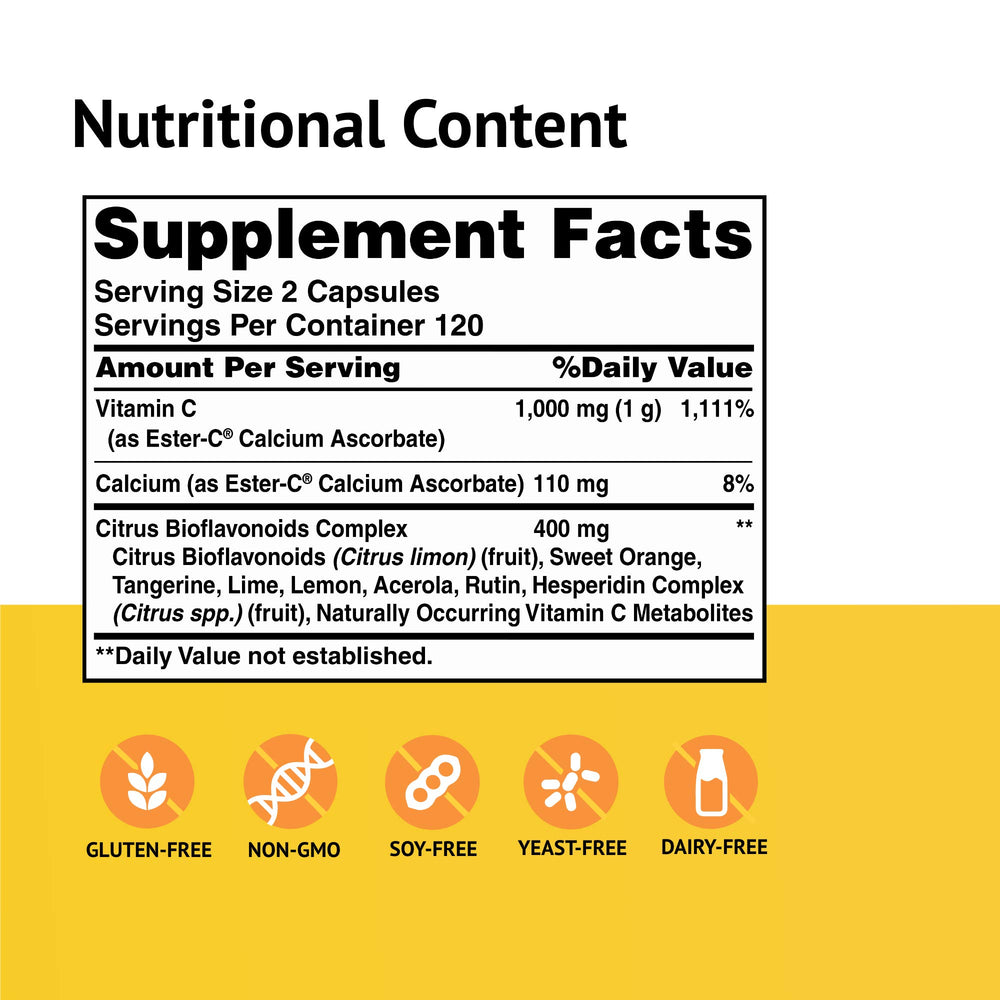 American Health Ester-C bottle side view shows non-acidic formula gentle on the stomach.