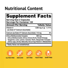 American Health Ester-C bottle side view shows non-acidic formula gentle on the stomach.