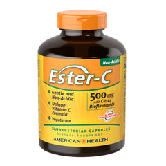 American Health Ester-C capsules close-up, vegan-friendly and gluten-free.