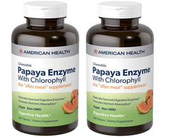 American Health Papaya Enzyme chewables; two-pack with chlorophyll for post-meal support.