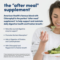 American Health Papaya Enzyme with chlorophyll and peppermint for fresh breath.