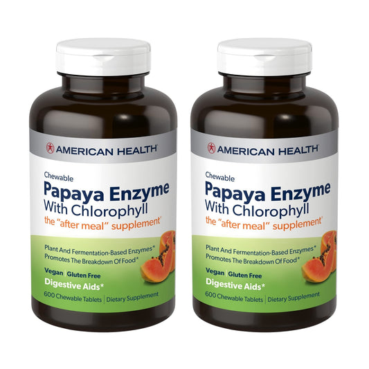 American Health Papaya Enzyme with Chlorophyll tablets in a 2-pack bottle for potential nutrient absorption support
