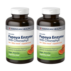 American Health Papaya Enzyme with Chlorophyll tablets in a 2-pack bottle for potential nutrient absorption support