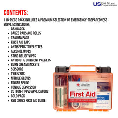 Close-up of the 118-piece emergency supplies included in the Red Cross kit.