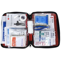 American Red Cross First Aid Kit front view showing organized 73-piece contents for quick access.