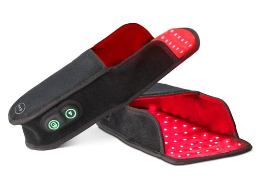 American Wellness Authority foot light slippers with red and near-infrared panel for indoor use at home.