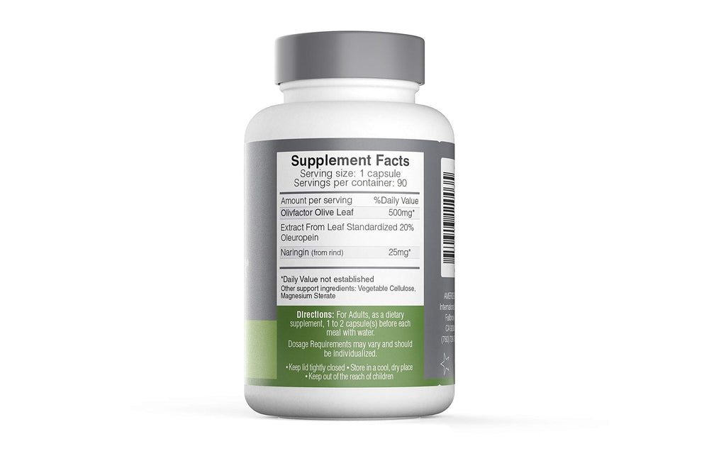 AMERIDEN OLIVFACTOR bottle label shows DNA-tested olive leaf extract quality.
