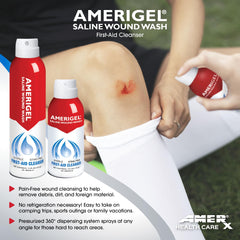 AMERIGEL Saline Wound Wash sprays 360 degrees to reach tough areas.