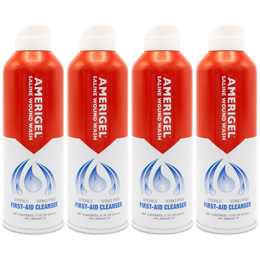 AMERIGEL Saline Wound Wash pressurized bottle sprays easily for quick wound cleansing.