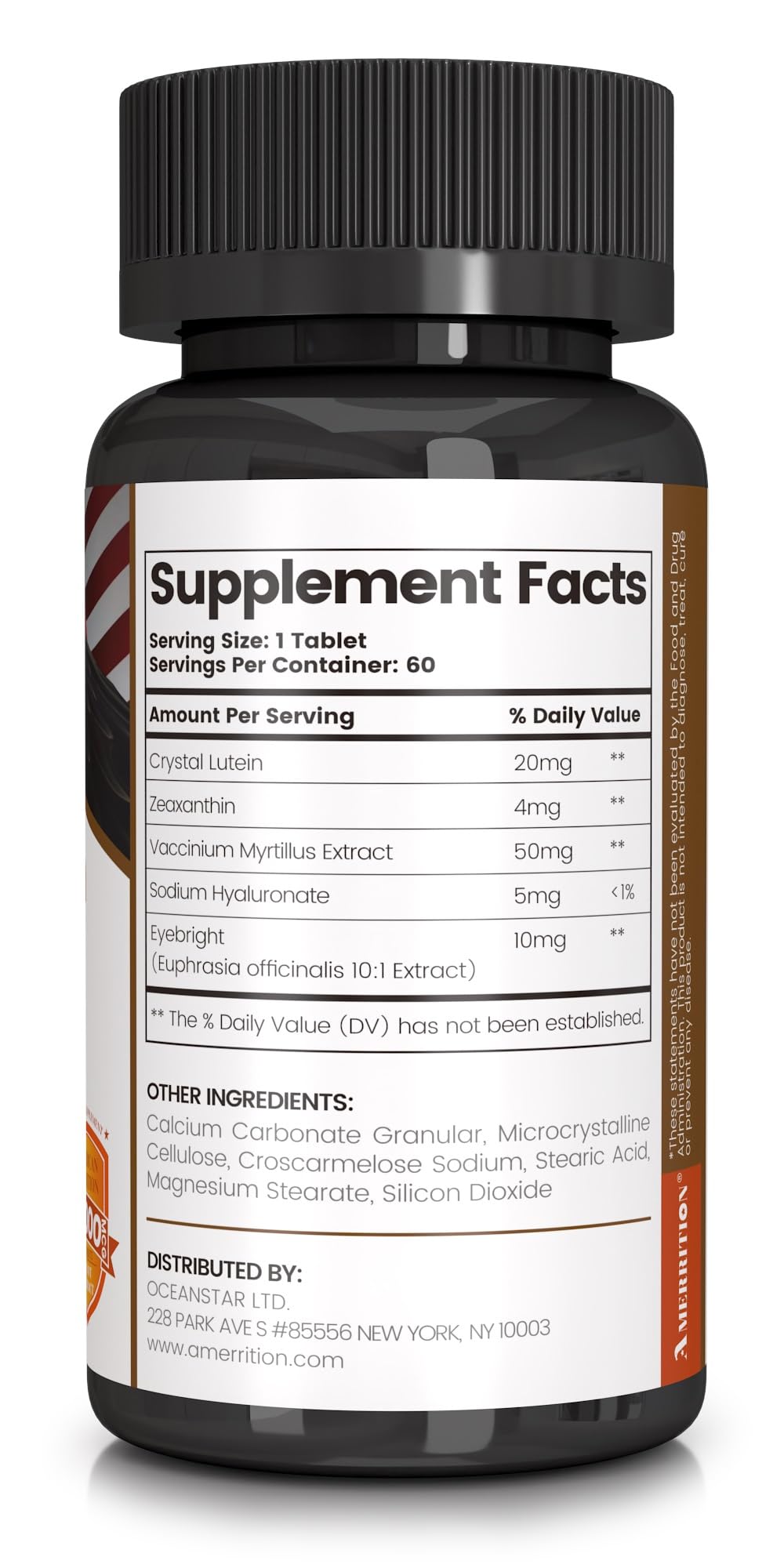 Amerrition eye health supplement packaging showing non-GMO and gluten-free claims.