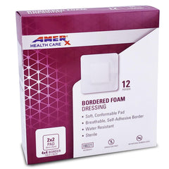 AMERX bordered foam dressing closeup shows absorbent core for drainage control.