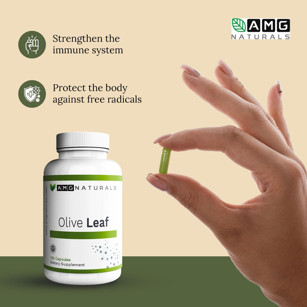 AMG Naturals olive leaf supplement on a clean surface suggests daily immune-support routine.