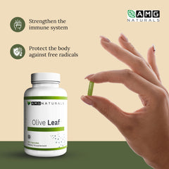 AMG Naturals olive leaf supplement on a clean surface suggests daily immune-support routine.