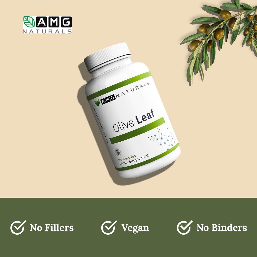 AMG Naturals whole olive leaf view emphasizing natural, binder-free formula.