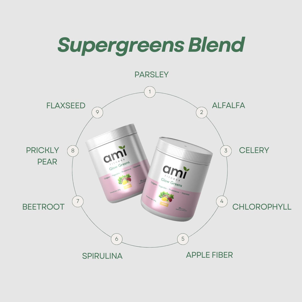 Probiotics and digestive enzymes label in Ami Fitness Glow Greens Powder package.