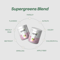 Probiotics and digestive enzymes label in Ami Fitness Glow Greens Powder package.
