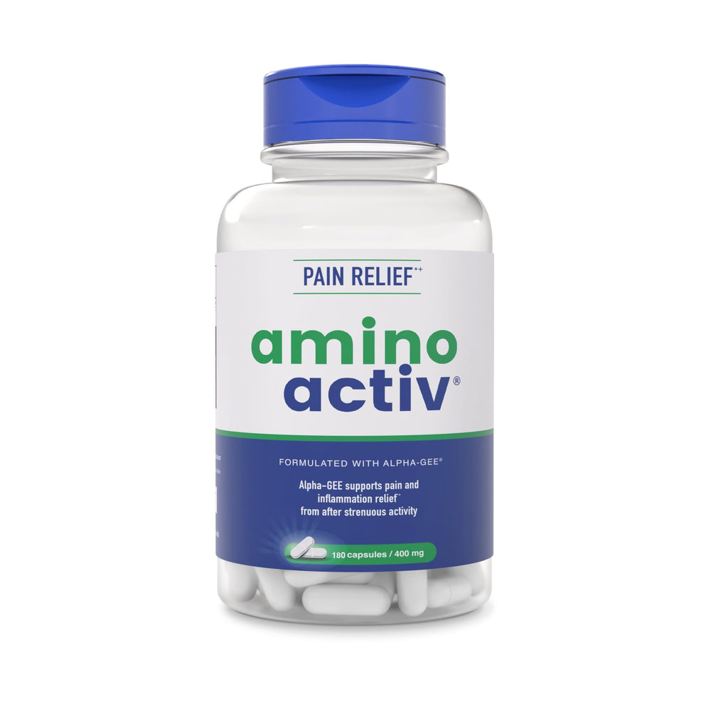 Amino Activ bottle label closeup for fast holistic support after activity.