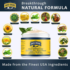 Amish Origins Pain Relief Cream — quick-acting formula for sore muscles when applied.