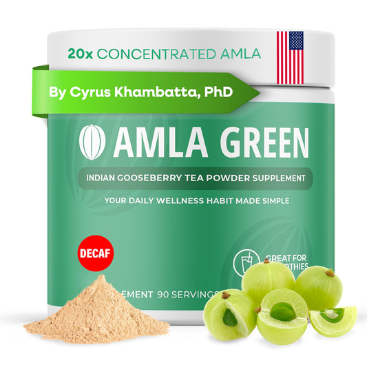 Amla Green 20x concentrated amla powder bottle for daily antioxidant support.