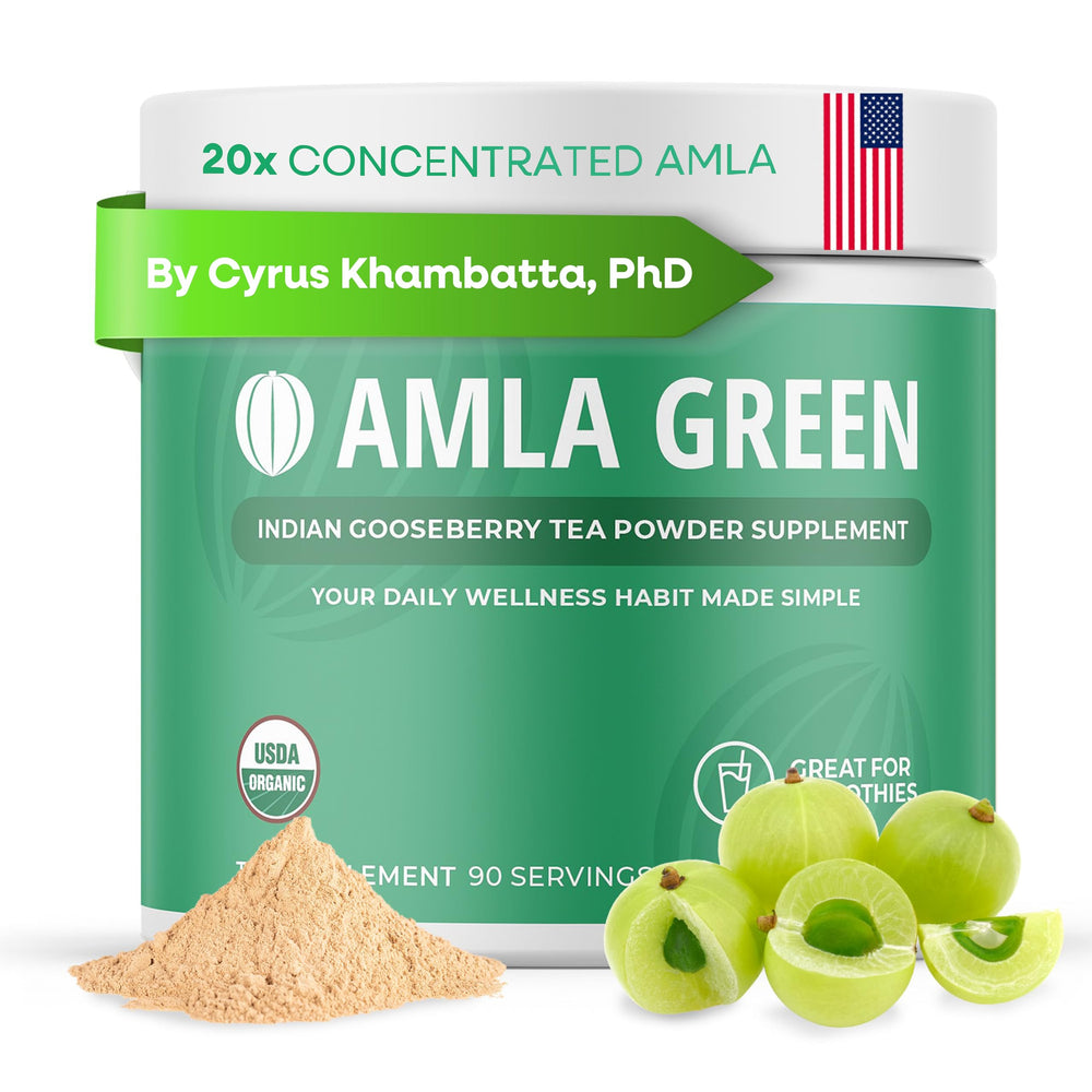 Amla Green 20x concentrated amla powder in a jar for antioxidant support.