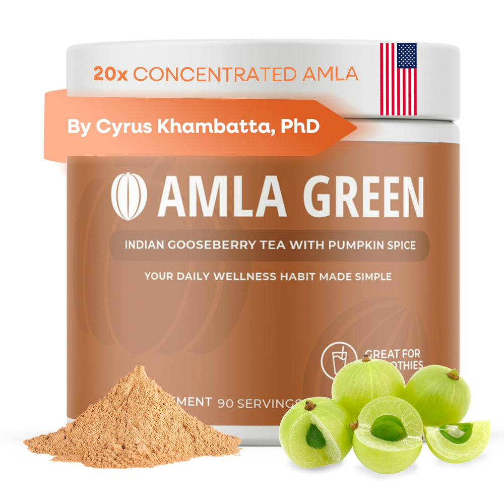 Amla Green pumpkin spice powder in a bottle for daily antioxidant-supported routines.