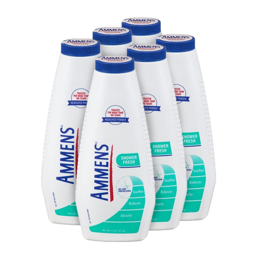 AMMENS Shower Fresh powder pack of 6 bottles offers all-day dryness and comfort.