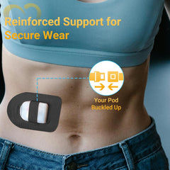 Amolyfe Omnipod overpatch with middle strap secures the pod during activity