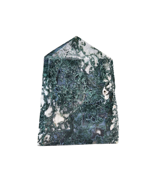 AMOYSTONE moss agate obelisk slab for meditation and balance at home.