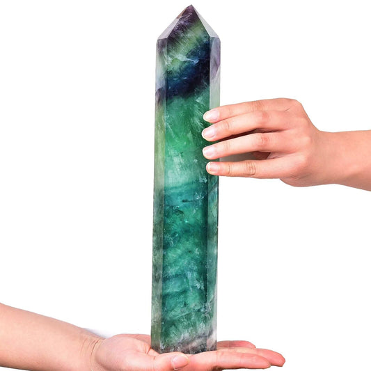 AMOYSTONE fluorite obelisk wand in green purple tones for energy focus