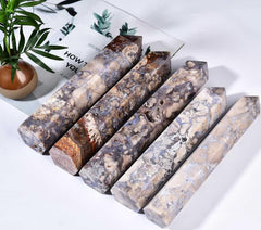 AMOYSTONE Blue Flower Agate Wand closeup emphasizes the polished surface and energy flow.